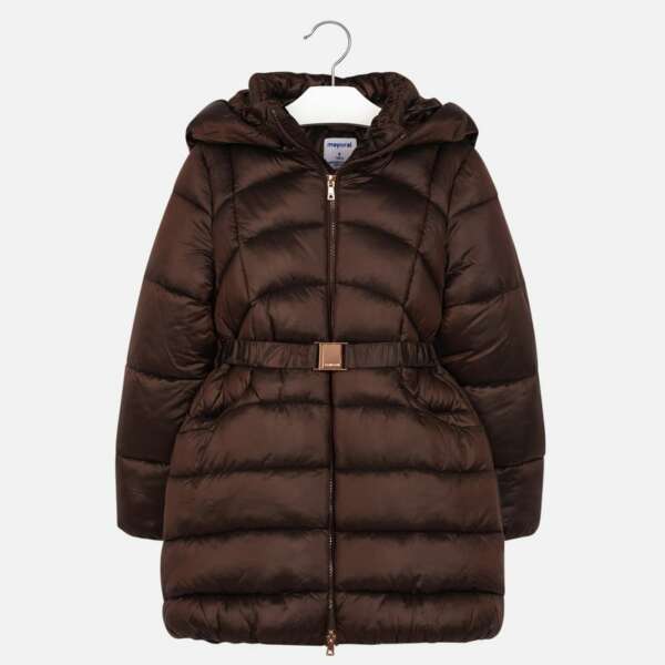 Dievčenská predĺžená bunda s odopínateľnou kapucňou a opaskom Mayoral hnedá | Welcomebaby.sk