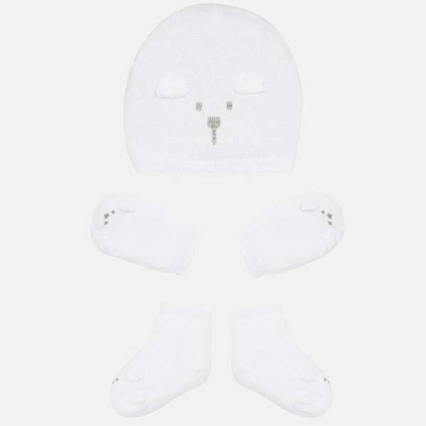 Unisex čiapka, rukavičky a ponožky v darčekovom balení Mayoral biele | Welcomebaby.sk