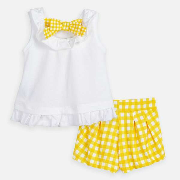 Dievčenský kockovaný kraťasový set s tričkom s volánom Mayoral žltý | Welcomebaby.sk