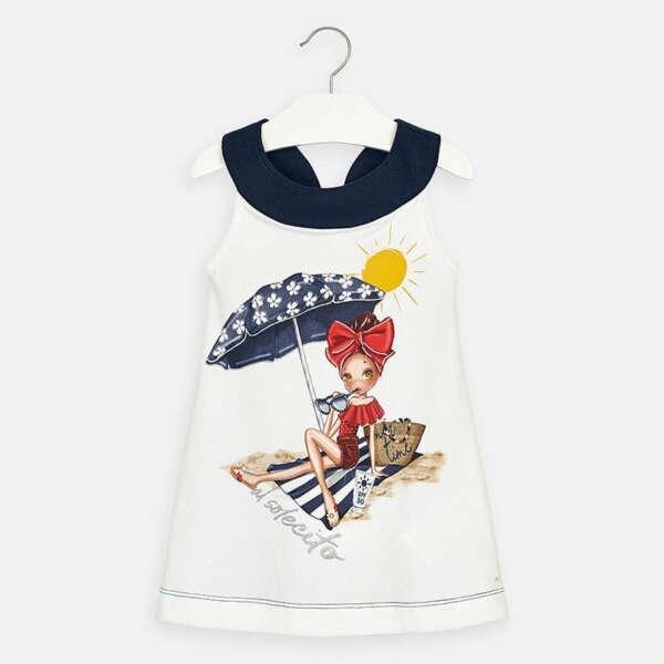 Šaty s potlačou dievčatka na pláži a zadnou mašľou Mayoral tmavomodré | Welcomebaby.sk