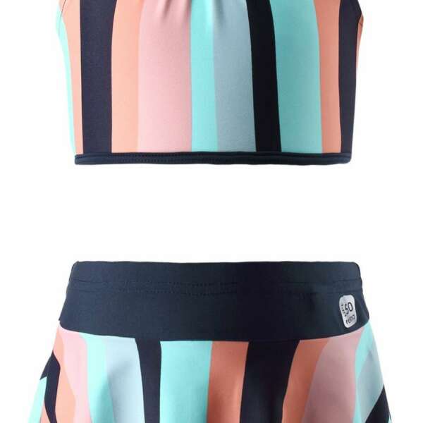 Dievčenské dvojdielne pásikavé sukňové plavky s volánom Reima caribic modré