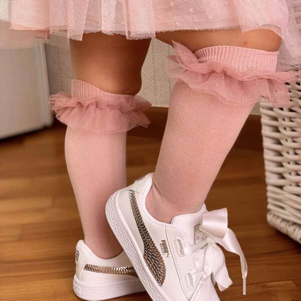 Bavlnené podkolienky so sieťovanými volánikmi Cóndor pale pink | Welcomebaby.sk