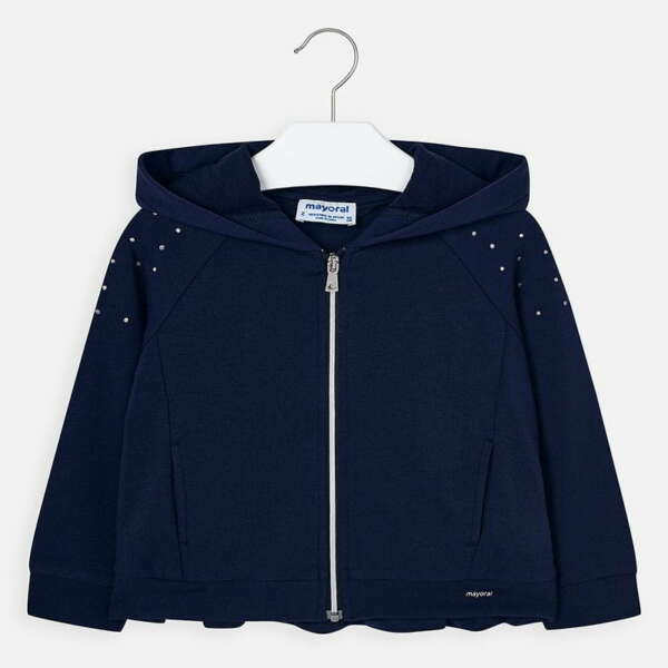 Dievčenská mikina s kapucňou, na zips a na zadnej strane s volánom Mayoral tmavomodrá