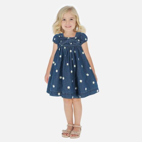 Rifľové šaty s kvetmi a mašľou Mayoral tmavomodré