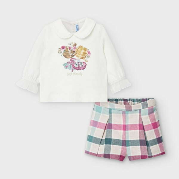 Kockované kraťasy a tričko s dievčatkami Mayoral newborn ružová