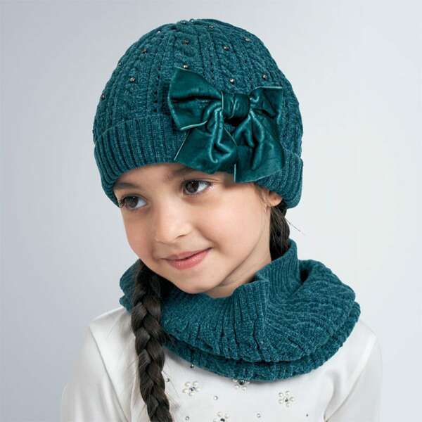 Dievčenská čiapka a nákrčník s mašľou Mayoral tyrkysová