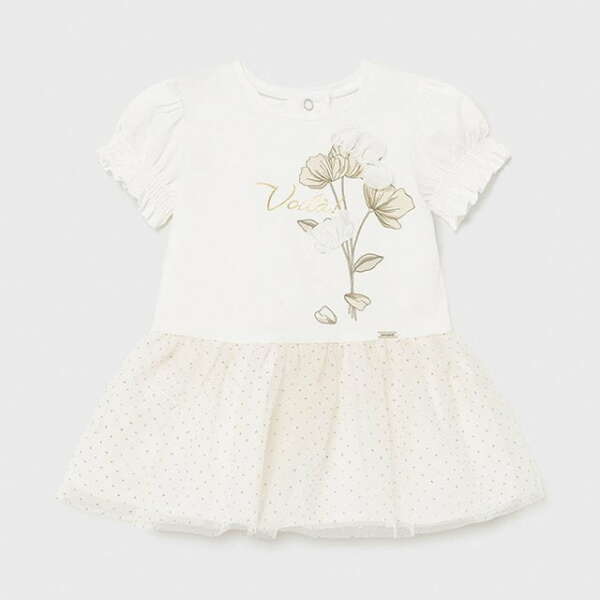 Šaty s 3D kvetom a tylovou sukňou Mayoral newborn smotanové