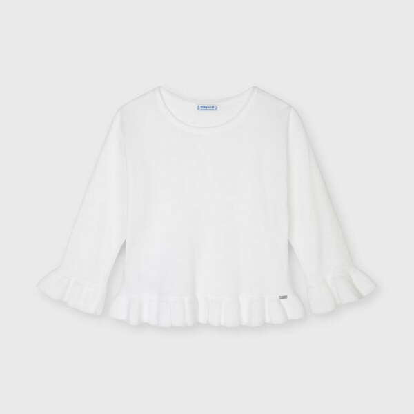 Dievčenský hladký sveter s volánom v spodnej časti a na rukávoch Mayoral biely