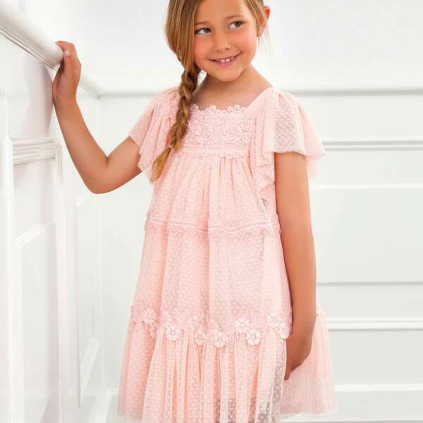 Tylové vyšívané šaty s rukávmi Abel & Lula ružové