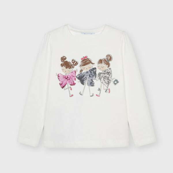 Dievčenské tričko s dlhým rukávom postavičky a mašličky s flitrami Mayoral biele