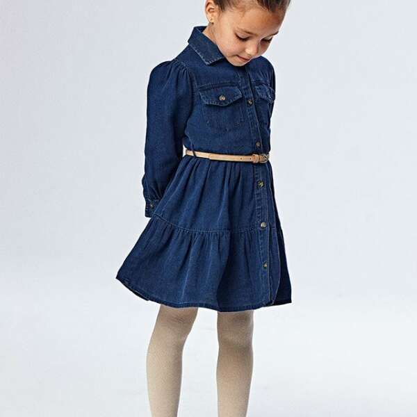 Rifľové nazbierané šaty s dlhým rukávom a opasok Mayoral tmavomodré