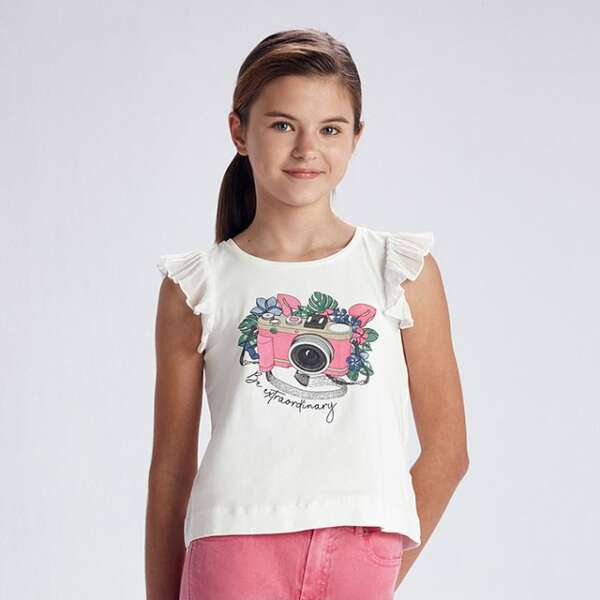 Dievčenské tričko s krátkym rukávom s volánmi a potlačou fotoaparát Mayoral biele