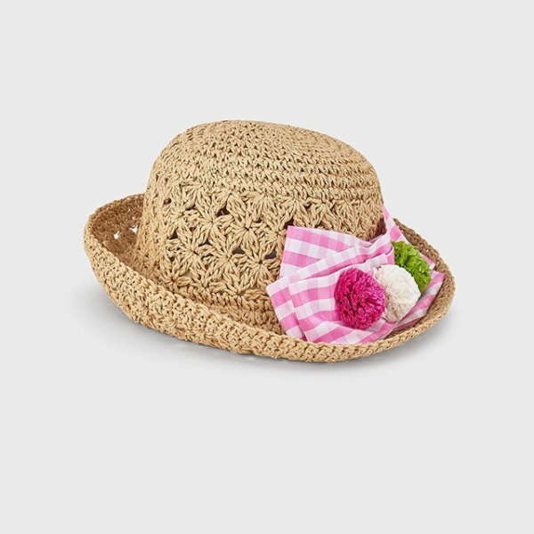 Dievčenský slamený klobúk s ružovou mašľou Mayoral