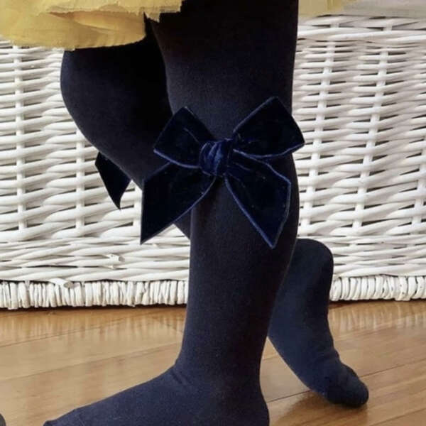 CÓNDOR Hladké pančuchy s veľkou velvet mašľou 480 tmavomodré Tights with velvet bow navy 2489 | Welcomebaby.sk