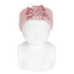 Pletená čelenka s veľkou velvet mašľou Cóndor ružová pale pink | Welcomebaby.sk