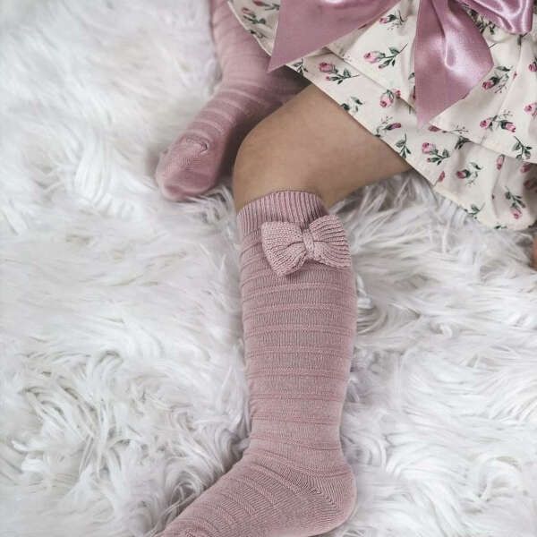 Teplé rebrované podkolienky s mašľou Cóndor ružová pale pink