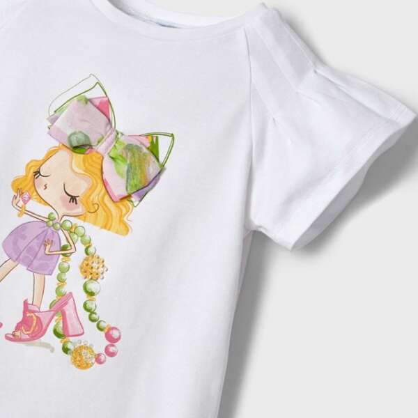 Dievčenské tričko s potlačou dámy s mašľou vo vlasoch Mayoral biele/fialové | Welcomebaby.sk