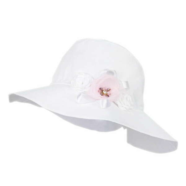 Letný klobúčik s kvetom a vzadu s mašľou Valentina Jamiks snehovobiely | Welcomebaby.sk