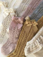 Háčkované podkolienky s mašľou Cóndor pale pink staroružové tmavšie pale pink | Welcomebaby.sk