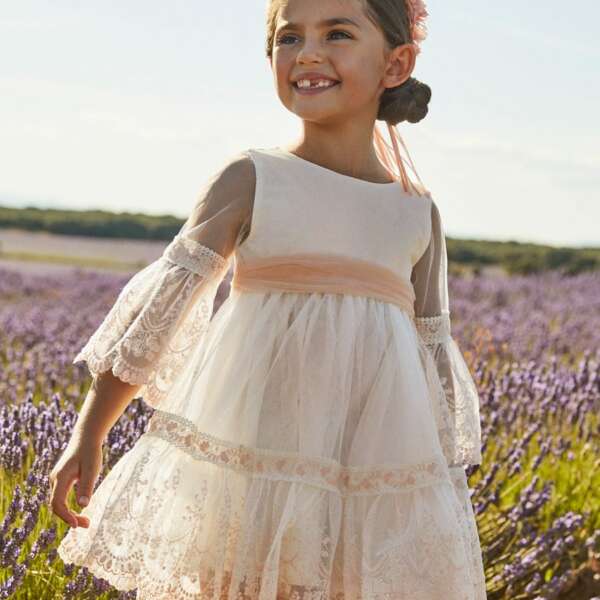 Elegantné sviatočné vyšívané šaty s 3/4 rukávmi Abel & Lula krémové lososové | Welcomebaby.sk