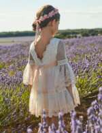 Elegantné sviatočné vyšívané šaty s 3/4 rukávmi Abel & Lula krémové lososové | Welcomebaby.sk