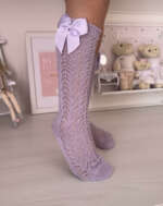 Háčkované podkolienky s mašľou Cóndor fialové svetlé | Welcomebaby.sk