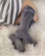 CÓNDOR Podkolienky s velvet mašľou svetlosivé Velvet knee high socks grey 2489 | Welcomebaby.sk