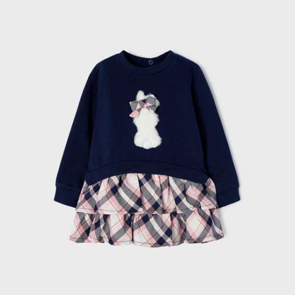 Teplákové šaty s károvanou ružovou sukňou Check combined dress baby Mayoral tmavomodrá | Welcomebaby.sk
