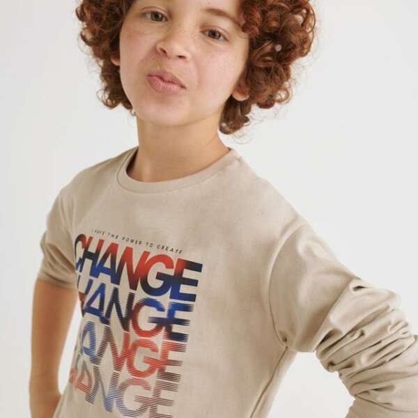 MAYORAL Chlapčenské tričko s dlhým rukávom nápis Change Long sleeve T-shirt boy krémové | Welcomebaby.sk