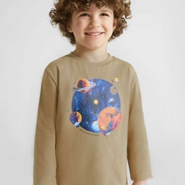 MAYORAL Chlapčenské tričko s planétami ECOFRIENDS long sleeve T-shirt boy biscuit béžová | Welcomebaby.sk