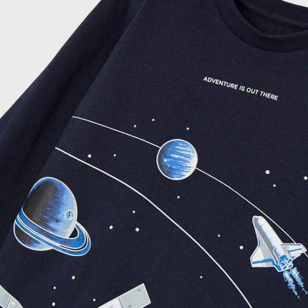 MAYORAL Chlapčenské tričko s dlhým rukávom a potlačou planét ECOFRIENDS Long sleeve interactive T-shirt boy tmavomodré 4004 | Welcomebaby.sk