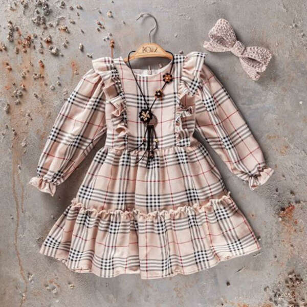 W BABY Kárované šaty s volánom béžové Plaid dress with ruffles beige | Welcomebaby.sk