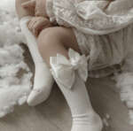 MEIA PATA Hladké podkolienky krémové pearl s dvojitou mašľou Kneesocks With Double Satin and Organza Bow 1124 | Welcomebaby.sk