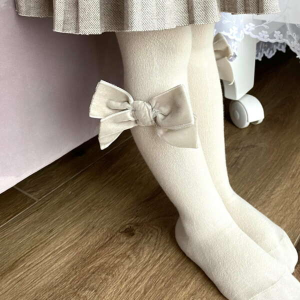 CÓNDOR Hladké pančuchy s velvet mašľou 304 béžová linen Cotton Tights With Side Velvet Bow 2489 | Welcomebaby.sk