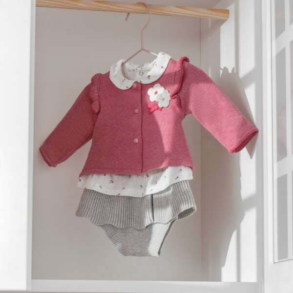 MAYORAL Sukňa, košieľka, sveter ružová sivá Cardigan Set With Skirt 2814 berry | Welcomebaby.sk