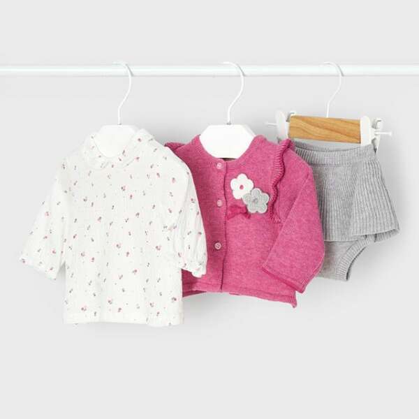 MAYORAL Sukňa, košieľka, sveter ružová sivá Cardigan Set With Skirt 2814 berry | Welcomebaby.sk