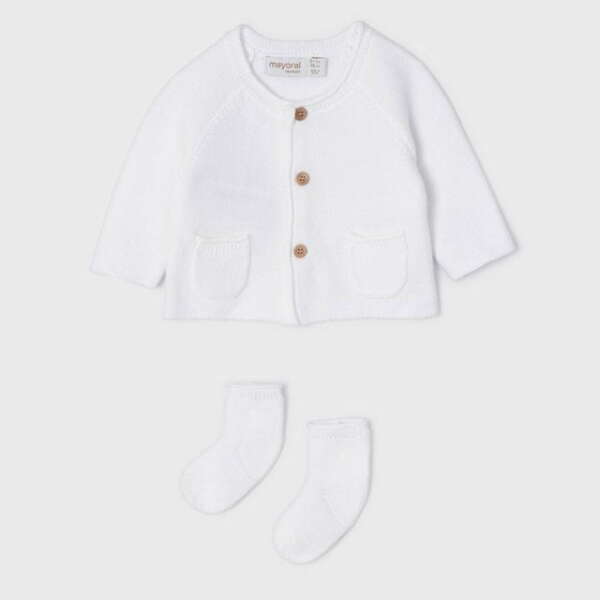 MAYORAL Dievčenský pletený sveter s ponožkami biely Knit long cardigan with socks newborn white1346 MAYORAL Dievčenský pletený sveter s ponožkami biely Knit long cardigan with socks newborn white 1346 | Welcomebaby.sk