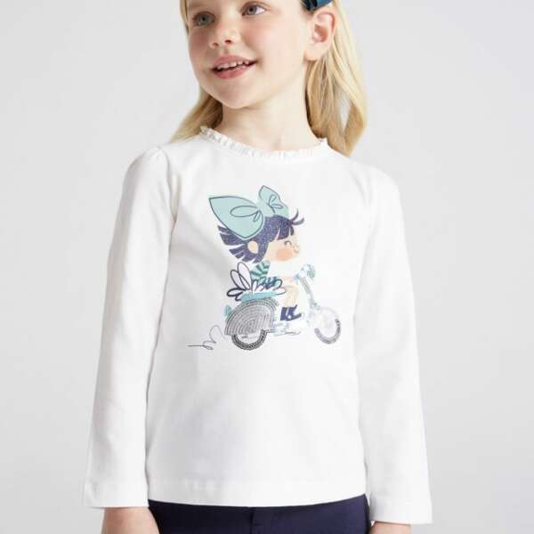 MAYORAL Tričko s dlhým rukávom s postavičkou a motorkou biele Long sleeve tshirt character white 4025 | Welcomebaby.sk