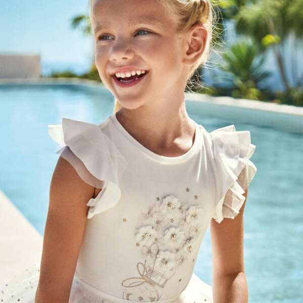MAYORAL Tričko s volánikmi a kvetinkami biele Tshirt with ruffle with flowers white 3054 | Welcomebaby.sk
