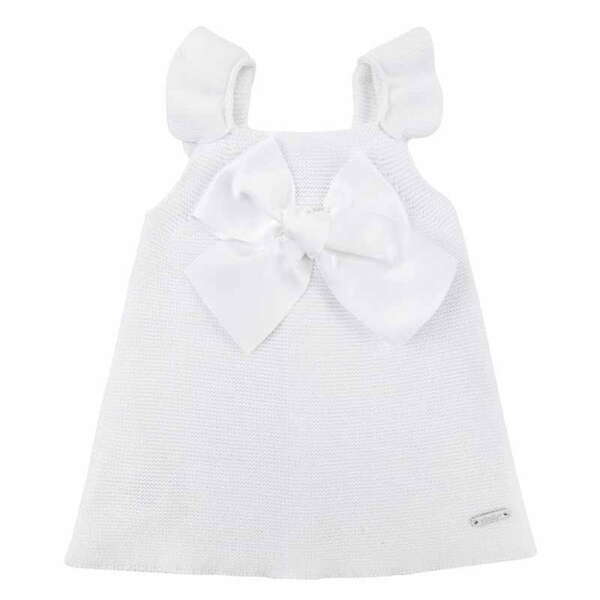 CÓNDOR Pletené šaty biele s veľkou saténovou mašľou Garter stitch dress large satin bow 55736 | Welcomebaby.sk