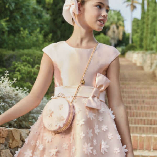 ABEL & LULA Šviatočné šaty broskyňové s kvetmi a veľkou mašľou Dress embossed flower peach 5039 | Welcomebaby.sk