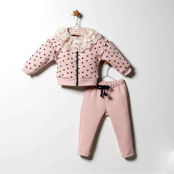 Tepláky a bodkovaná mikina s volánom na zips Tracksuit with hoodie pink | Welcomebaby.sk
