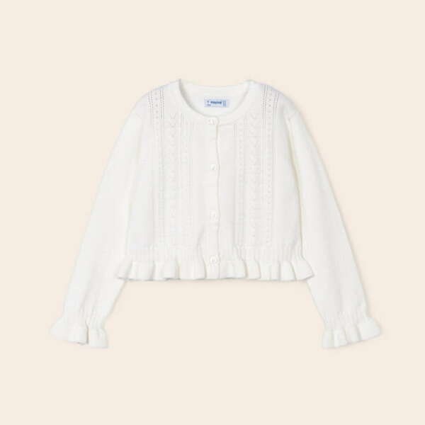 MAYORAL Sveter s jemným vzorom a volánmi krémový Sweater with a delicate pattern and ruffles natural 3345 | Welcomebaby.sk