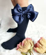 MEIA PATA Podkolienky tmavomodré s dvojitou saténovou mašľou Kneesocks navy blue with double satin bow 1102M | Welcomebaby.sk