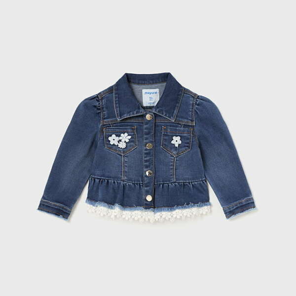 MAYORAL Rifľová bunda s výšivkou Jean ruffle jacket blue 1408 | Welcomebaby.sk