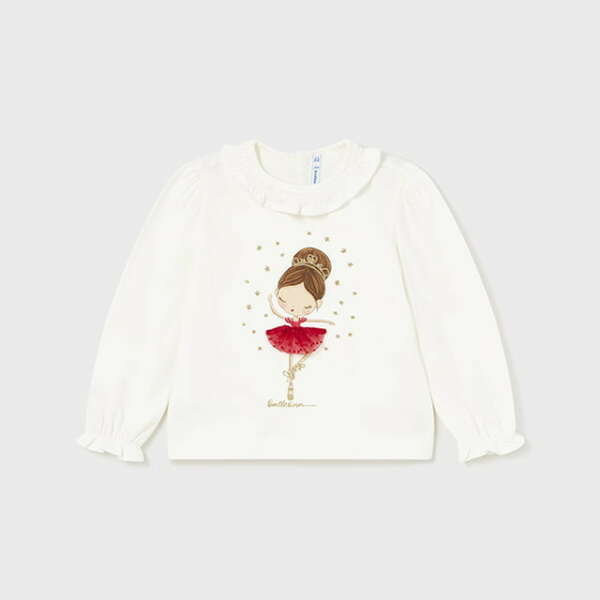 MAYORAL Dievčenské tričko baletka biele červené s dlhým rukávom Long sleeve tshirt ballerina natur red 2006 | Welcomebaby.sk