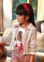 MAYORAL Dievčenský rebrovaný sveter s kožušinovým golierom na gombíky béžový Cardigan beige 4309 | Welcomebaby.sk