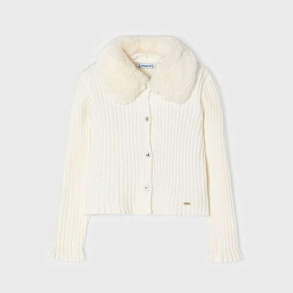 MAYORAL Dievčenský rebrovaný sveter s kožušinovým golierom na gombíky biely Cardigan white 4309 | Welcomebaby.sk