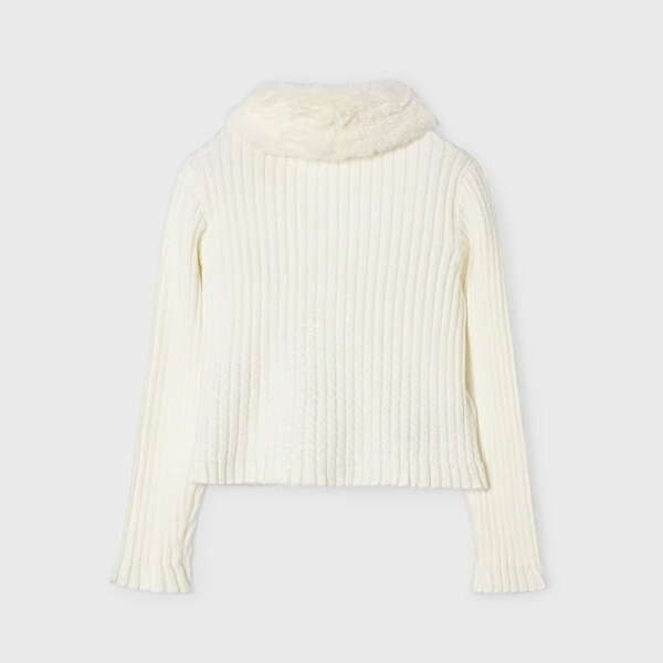 MAYORAL Dievčenský rebrovaný sveter s kožušinovým golierom na gombíky biely Cardigan white 4309 | Welcomebaby.sk
