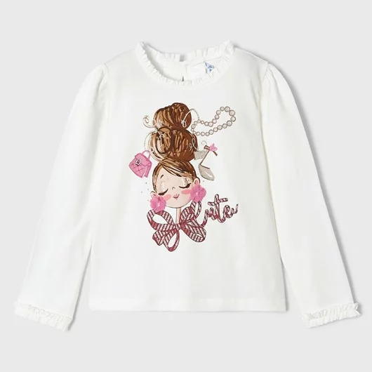 MAYORAL Dievčenské tričko s dlhým rukávom s potlačou biele Long sleeved tshirt natur 4004 | Welcomebaby.sk